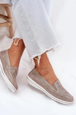 Outlet Evento Zamszowe Ażurowe Półbuty Mokasyny Damskie Złote Redileine