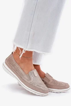 Outlet Evento Zamszowe Ażurowe Półbuty Mokasyny Damskie Złote Redileine