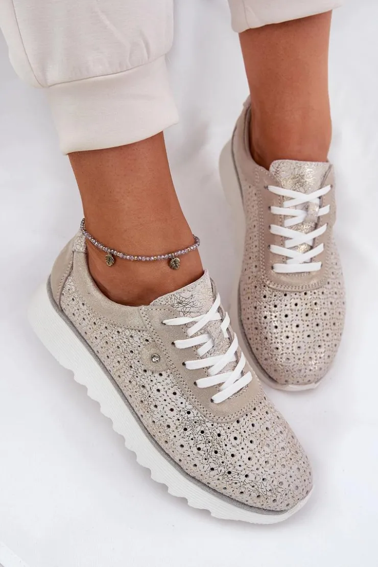 Damskie buty S.Barski Buty Sportowe Na Platformie|Sneakersy Damskie*Zamszowe Ażurowe Sneakersy Na Platformie LR51-927 Złote