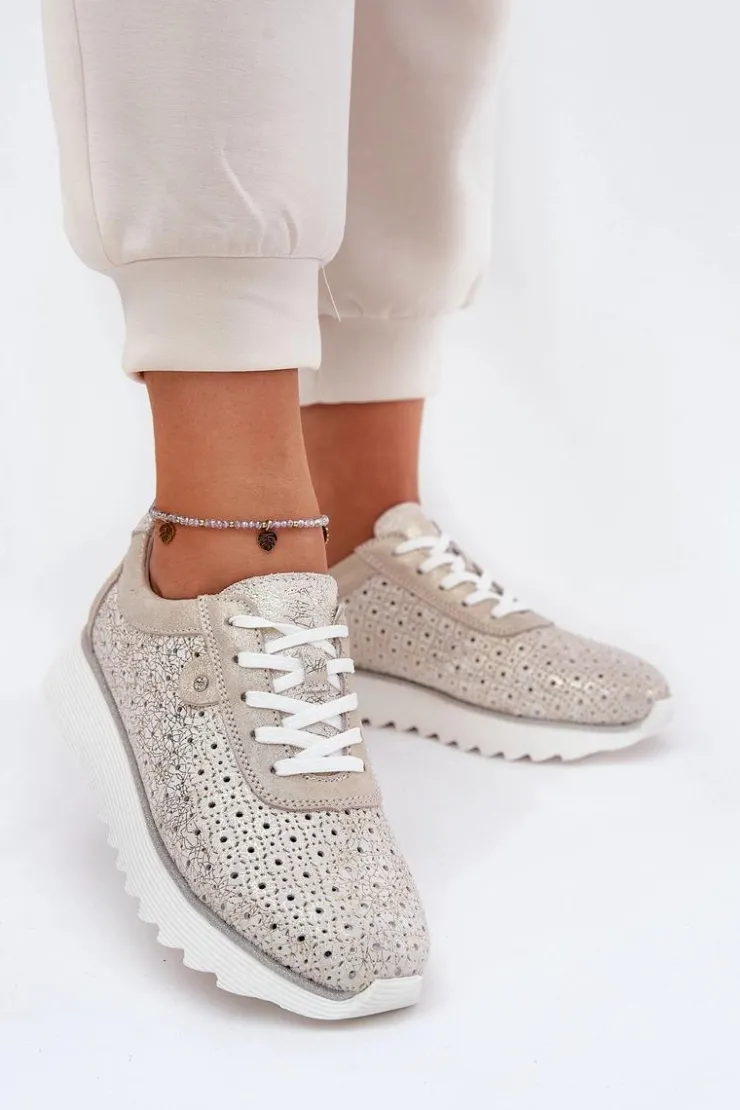 Damskie buty S.Barski Buty Sportowe Na Platformie|Sneakersy Damskie*Zamszowe Ażurowe Sneakersy Na Platformie LR51-927 Złote