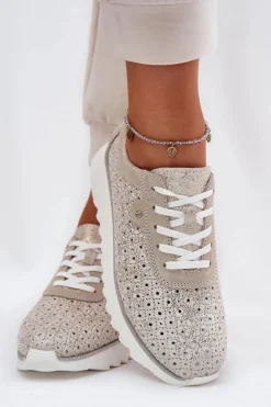 Damskie buty S.Barski Buty Sportowe Na Platformie|Sneakersy Damskie*Zamszowe Ażurowe Sneakersy Na Platformie LR51-927 Złote