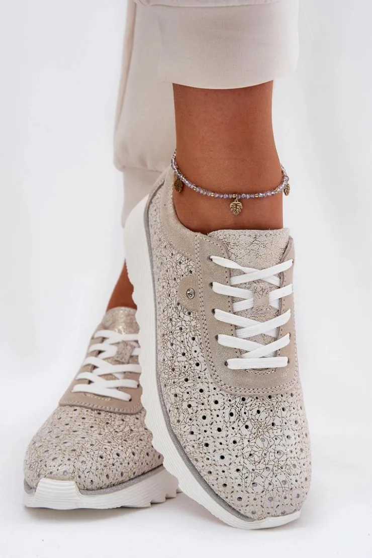 Damskie buty S.Barski Buty Sportowe Na Platformie|Sneakersy Damskie*Zamszowe Ażurowe Sneakersy Na Platformie LR51-927 Złote