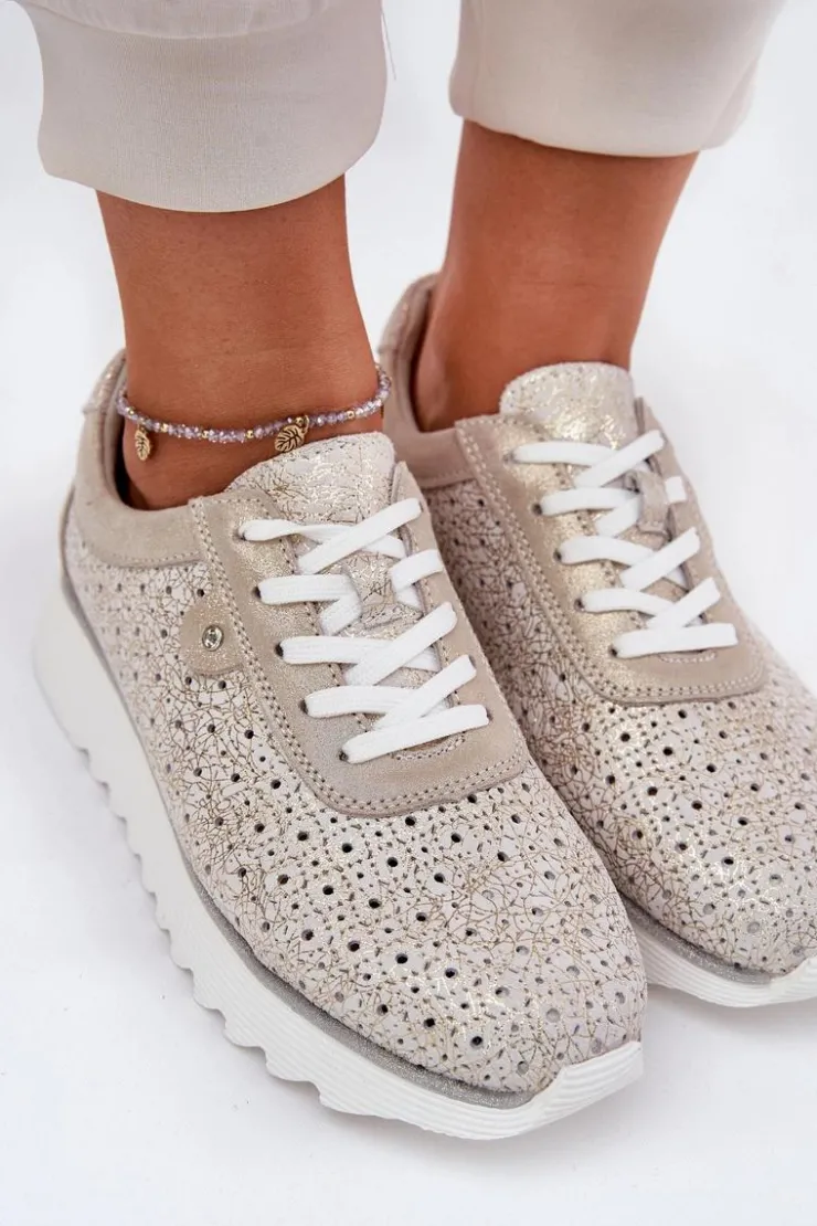 Damskie buty S.Barski Buty Sportowe Na Platformie|Sneakersy Damskie*Zamszowe Ażurowe Sneakersy Na Platformie LR51-927 Złote