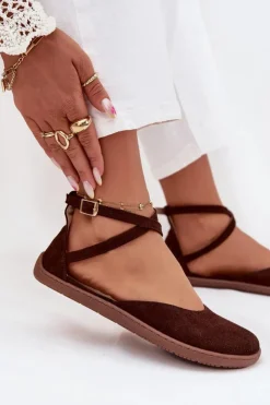 Zazoo Barefoot|Baleriny Skórzane*Zamszowe Baleriny Damskie Barefoot Z Paskami 191 Czekoladowe Brązowy