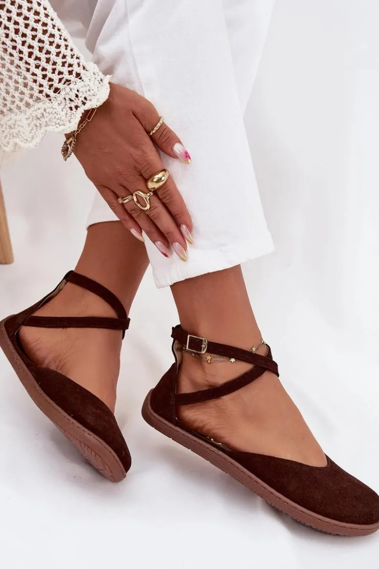 Zazoo Barefoot|Baleriny Skórzane*Zamszowe Baleriny Damskie Barefoot Z Paskami 191 Czekoladowe Brązowy