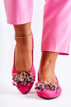 Damskie Boto Zamszowe Baleriny Na Obcasie Z Ozdobą Różowe Elenie