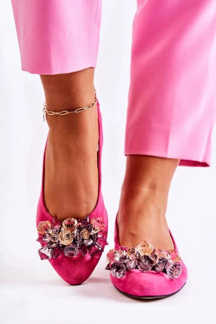 Damskie Boto Zamszowe Baleriny Na Obcasie Z Ozdobą Różowe Elenie