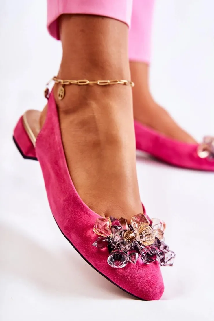 Damskie Boto Zamszowe Baleriny Na Obcasie Z Ozdobą Różowe Elenie