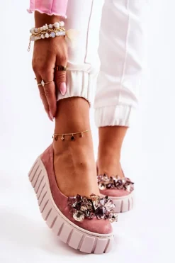 Damskie Boto Zamszowe Baleriny Na Platformie Z Ozdobą Różowe Ladette