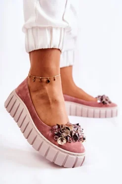 Damskie Boto Zamszowe Baleriny Na Platformie Z Ozdobą Różowe Ladette