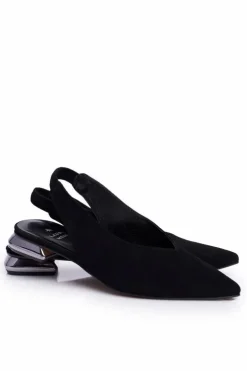 Laura Messi Zamszowe Baleriny Na Srebrnym Obcasie 2127 Czarne