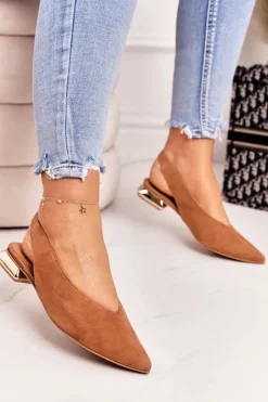 Damskie Laura Messi Zamszowe Baleriny Na Złotym Obcasie 2127 Camel