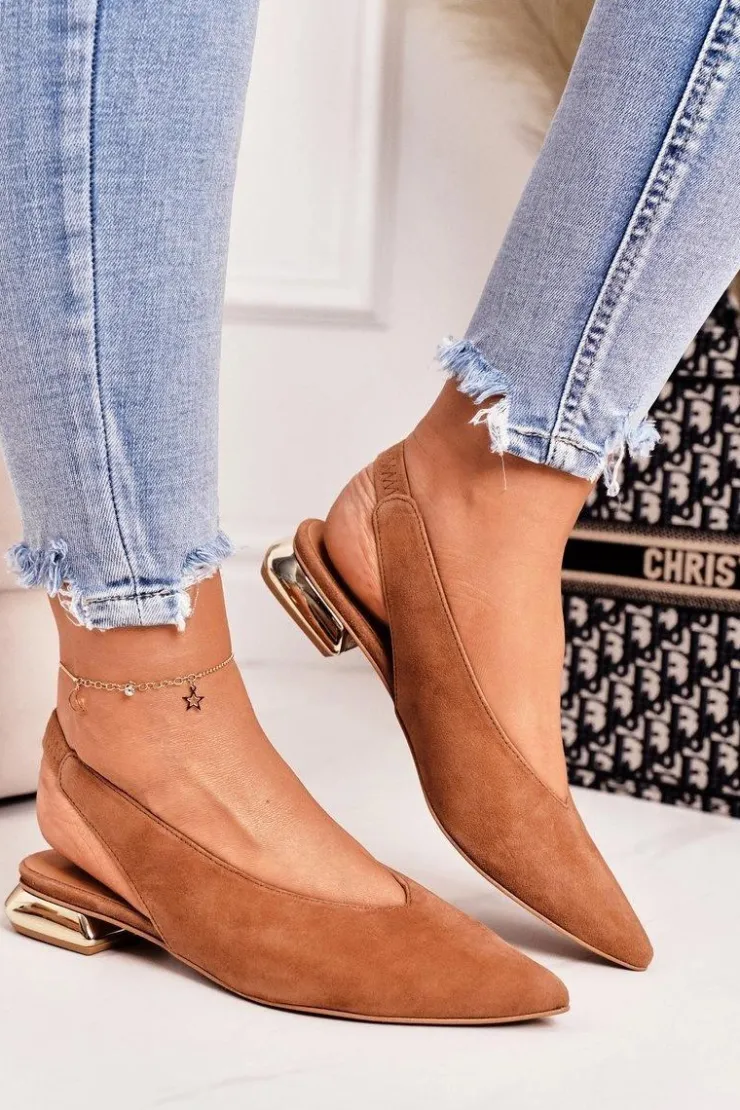 Damskie Laura Messi Zamszowe Baleriny Na Złotym Obcasie 2127 Camel