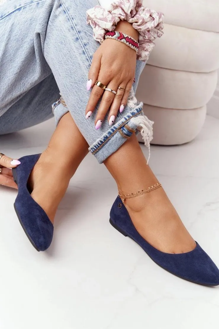 Damskie Buty Sergio Leone Zamszowe Baleriny Sergio Leone BL622 Granatowe