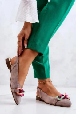 Boto Baleriny Skórzane|Baleriny Klasyczne*Zamszowe Baleriny Z Łańcuchem Lewski Shoes 3125 Beżowe