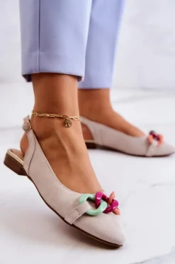 Damskie Boto Zamszowe Baleriny Z Łańcuchem Lewski Shoes 3125 Jasnobeżowe