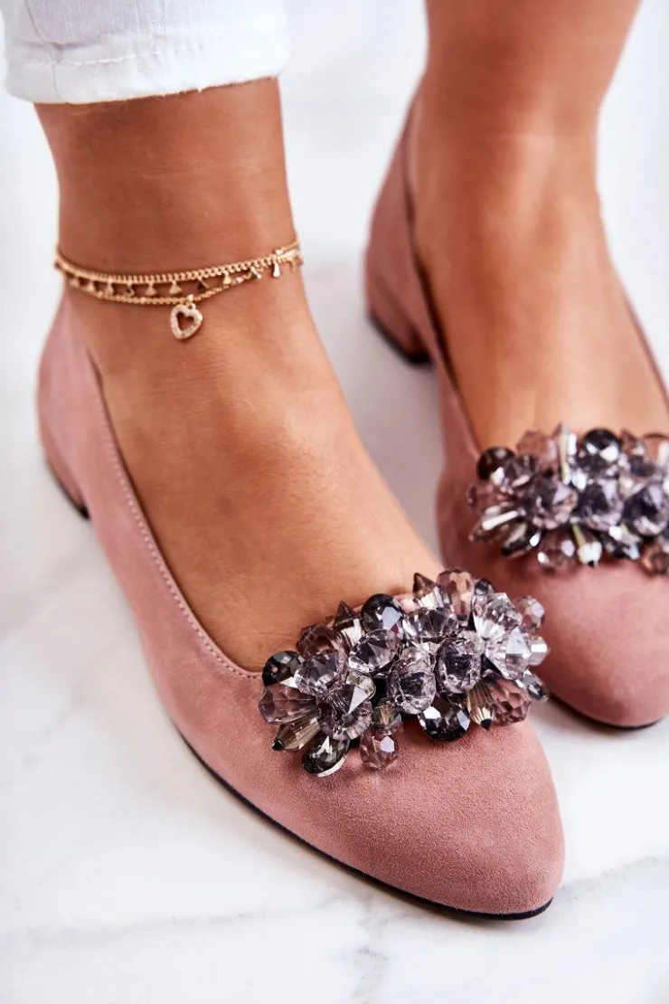 Damskie Boto Zamszowe Baleriny Z Ozdobą Różowe Loretty