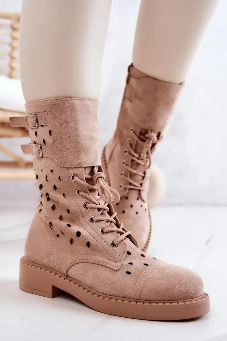 Best Boto Zamszowe Botki Ażurowe Na Suwak Jasnobeżowe Hermione
