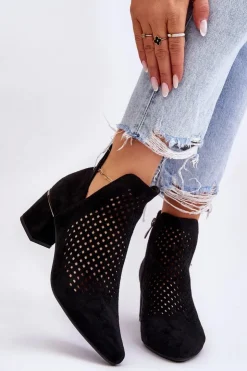 New Buty damskie Vinceza Zamszowe Botki Ażurowe Z Wycięciem Na Obcasie Czarne Blakely