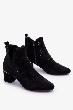 New Buty damskie Vinceza Zamszowe Botki Ażurowe Z Wycięciem Na Obcasie Czarne Blakely