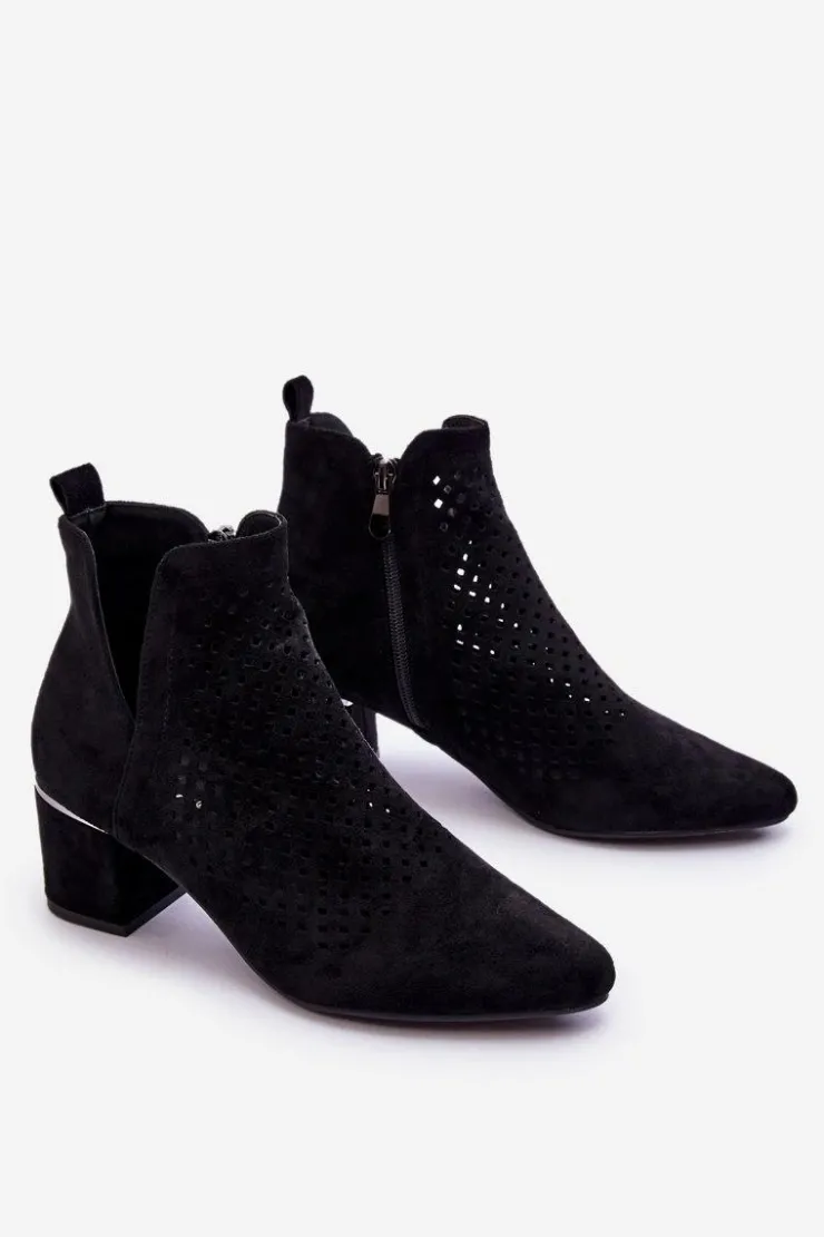 New Buty damskie Vinceza Zamszowe Botki Ażurowe Z Wycięciem Na Obcasie Czarne Blakely