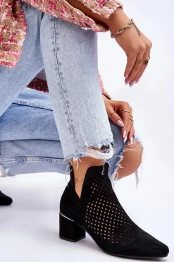 New Buty damskie Vinceza Zamszowe Botki Ażurowe Z Wycięciem Na Obcasie Czarne Blakely