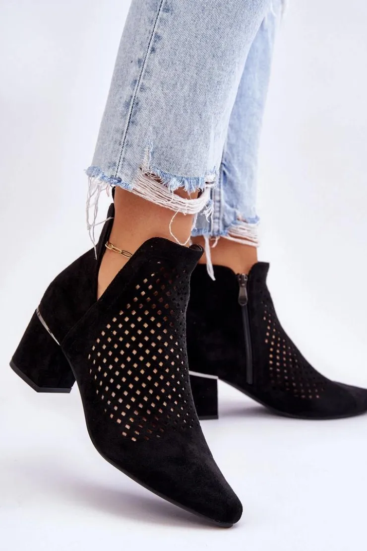 New Buty damskie Vinceza Zamszowe Botki Ażurowe Z Wycięciem Na Obcasie Czarne Blakely