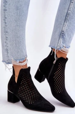 New Buty damskie Vinceza Zamszowe Botki Ażurowe Z Wycięciem Na Obcasie Czarne Blakely