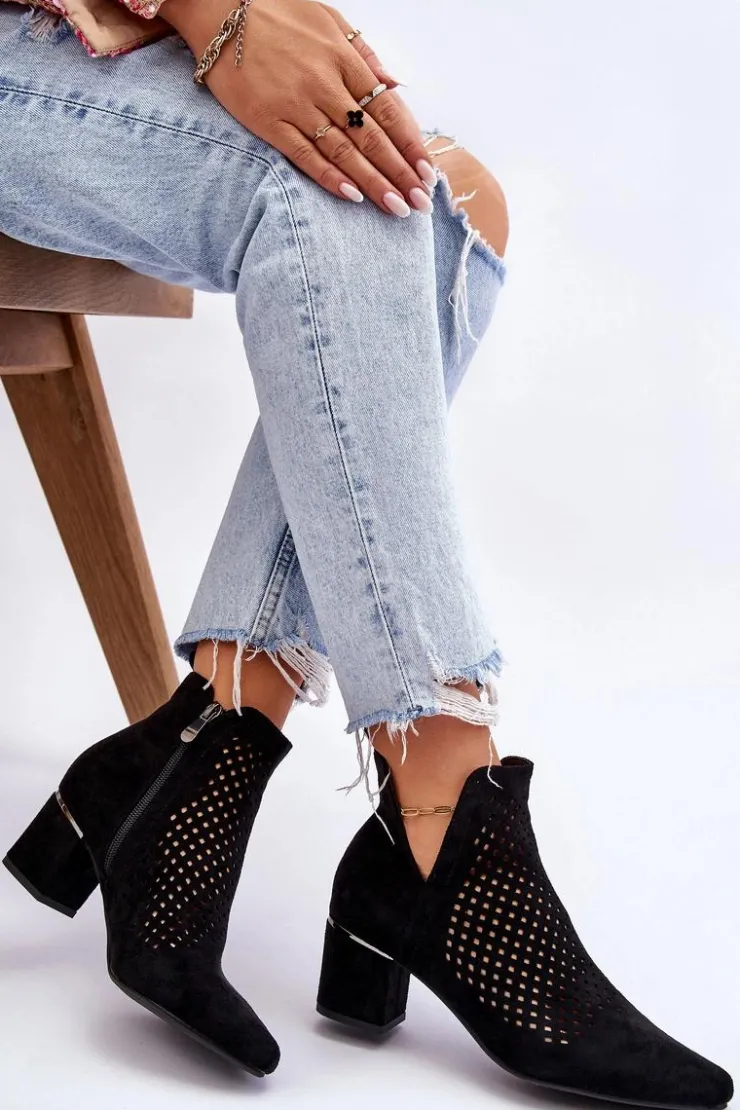 New Buty damskie Vinceza Zamszowe Botki Ażurowe Z Wycięciem Na Obcasie Czarne Blakely