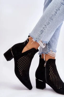 New Buty damskie Vinceza Zamszowe Botki Ażurowe Z Wycięciem Na Obcasie Czarne Blakely