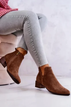 Buty damskie Vinceza Botki Wiosenne|Brązowe I Beżowe Botki*Zamszowe Botki Ażurowe Z Wycięciem Brązowe Carine