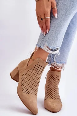 Buty damskie Vinceza Botki Wiosenne|Botki Na Słupku*Zamszowe Botki Ażurowe Z Wycięciem Na Obcasie Beżowe Blakely