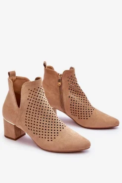 Buty damskie Vinceza Botki Wiosenne|Botki Na Słupku*Zamszowe Botki Ażurowe Z Wycięciem Na Obcasie Beżowe Blakely