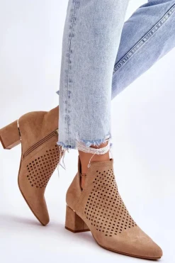 Buty damskie Vinceza Botki Wiosenne|Botki Na Słupku*Zamszowe Botki Ażurowe Z Wycięciem Na Obcasie Beżowe Blakely