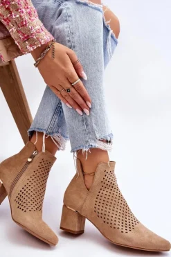 Buty damskie Vinceza Botki Wiosenne|Botki Na Słupku*Zamszowe Botki Ażurowe Z Wycięciem Na Obcasie Beżowe Blakely