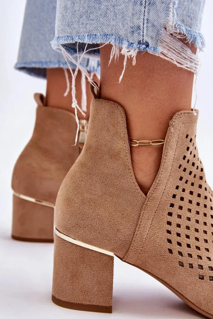 Buty damskie Vinceza Botki Wiosenne|Botki Na Słupku*Zamszowe Botki Ażurowe Z Wycięciem Na Obcasie Beżowe Blakely