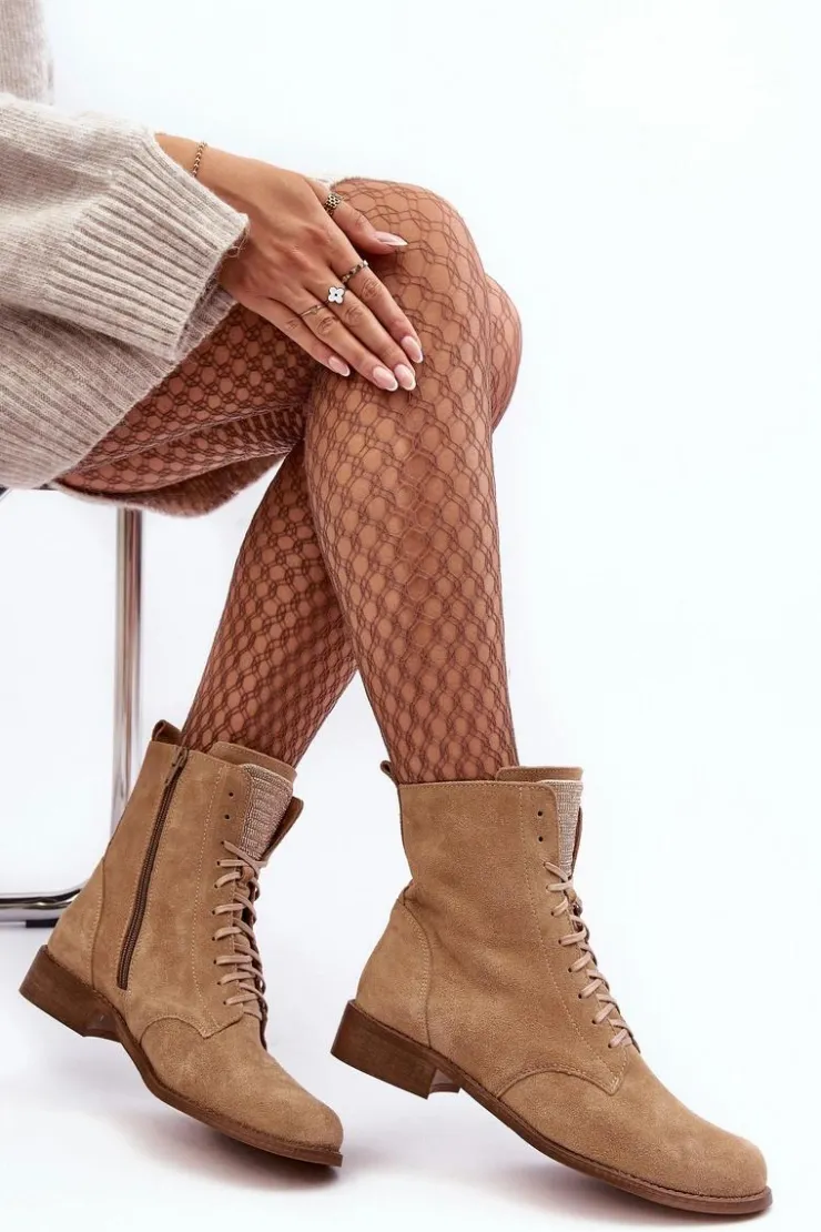 Damskie Boto Zamszowe Botki Damskie Beżowe Nicole 2848