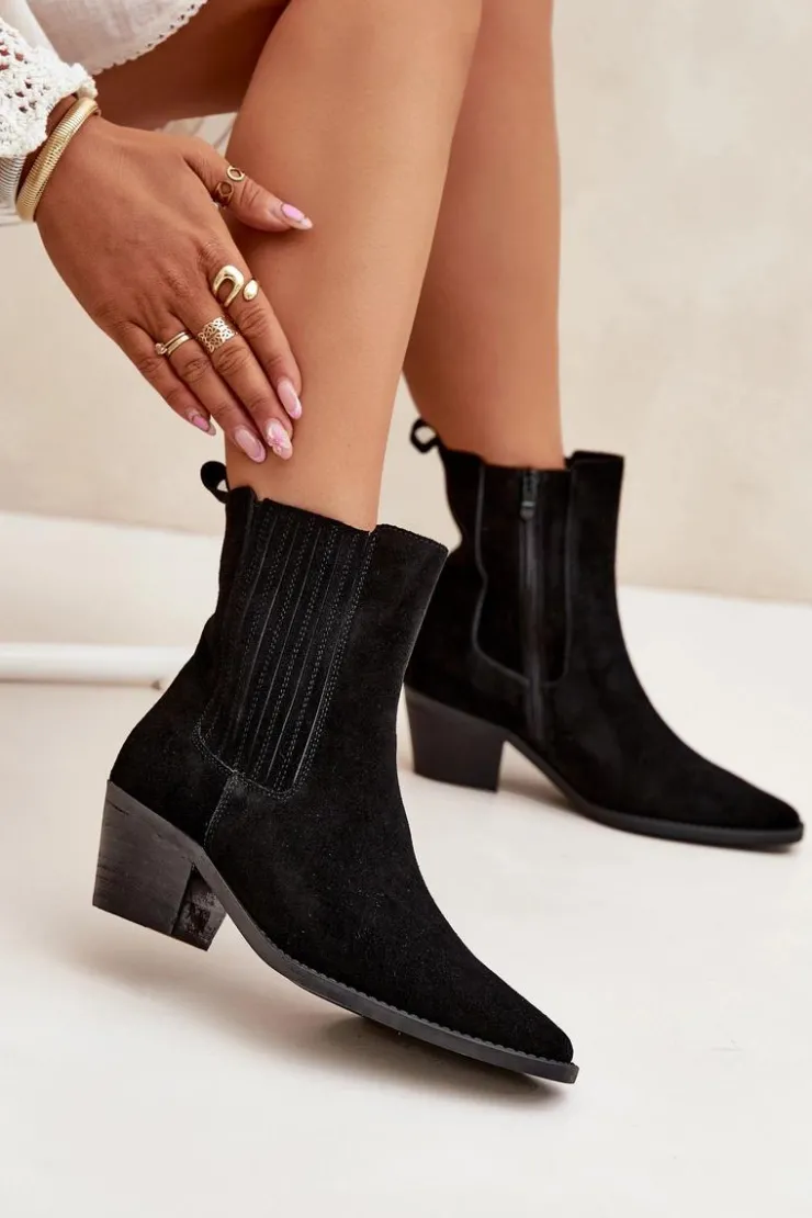 Damskie Boto Zamszowe Botki Damskie Na Słupku Ocieplane Czarne Arelia