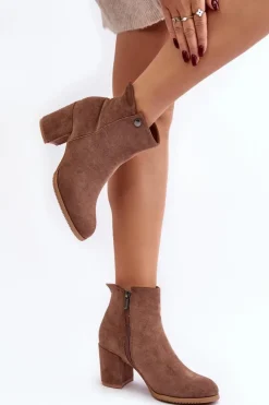 Damskie Evento Zamszowe Botki Damskie Na Słupku Brązowe Selela