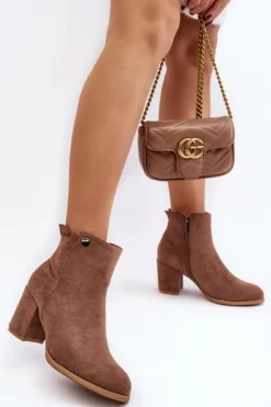 Damskie Evento Zamszowe Botki Damskie Na Słupku Brązowe Selela