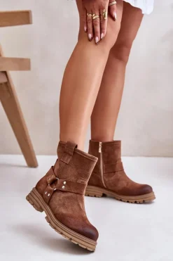 Boto Botki Płaskie|Botki Zamszowe*Zamszowe Botki Damskie Na Płaskim Obcasie Lewski 3610 Brązowe Brązowy