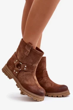 Boto Botki Płaskie|Botki Zamszowe*Zamszowe Botki Damskie Na Płaskim Obcasie Lewski 3610 Brązowe Brązowy