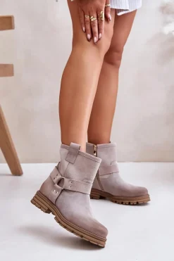 Damskie Boto Zamszowe Botki Damskie Na Płaskim Obcasie Lewski 3610 Cappucino