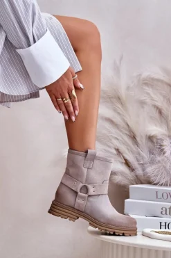 Damskie Boto Zamszowe Botki Damskie Na Płaskim Obcasie Lewski 3610 Cappucino