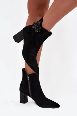 Damskie D&A Zamszowe Botki Damskie Na Słupku Z Ozdobą CR52-686 Czarne