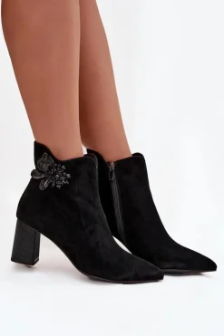 Damskie D&A Zamszowe Botki Damskie Na Słupku Z Ozdobą CR52-686 Czarne