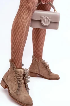 Damskie Boto Zamszowe Botki Damskie Na Płaskim Obcasie Beżowe Klemovia