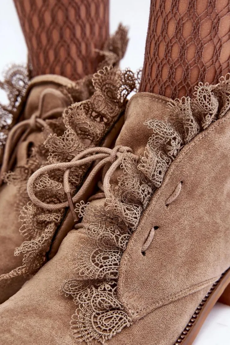 Damskie Boto Zamszowe Botki Damskie Na Płaskim Obcasie Beżowe Klemovia