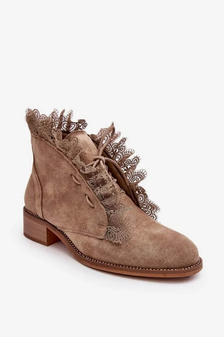 Damskie Boto Zamszowe Botki Damskie Na Płaskim Obcasie Beżowe Klemovia