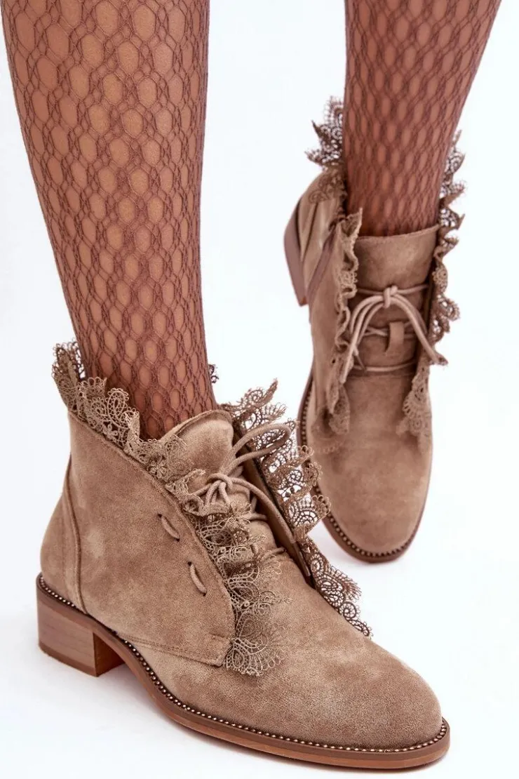 Damskie Boto Zamszowe Botki Damskie Na Płaskim Obcasie Beżowe Klemovia